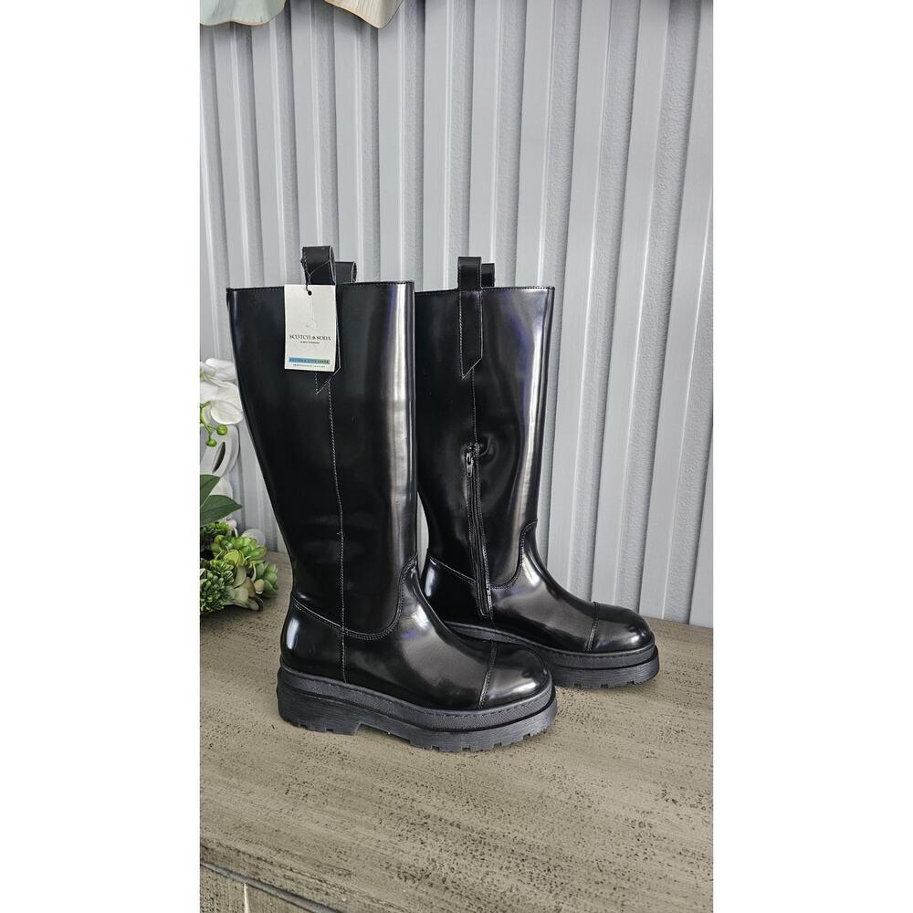 Scotch & Soda Black Genuine Leather Knee-High Platform Boots Size 7.5